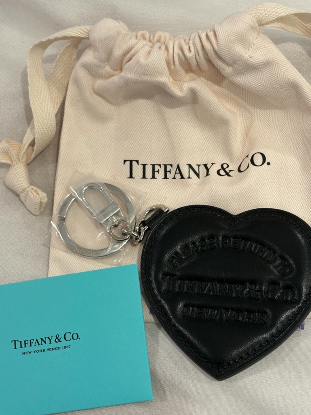 Tiffany & Co. Black Leather Heart Key Holder with Silver Hardware